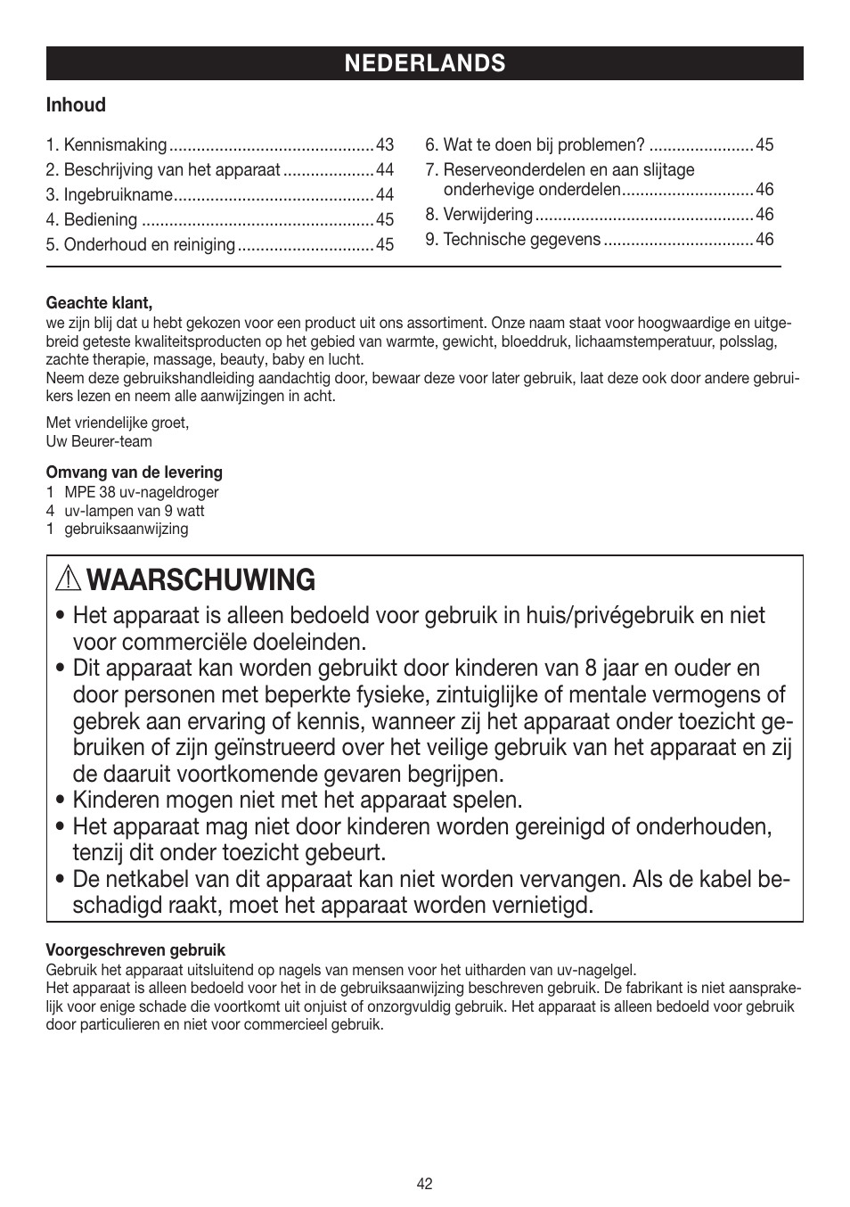 Waarschuwing, Nederlands | Beurer MPE 38 User Manual | Page 42 / 56