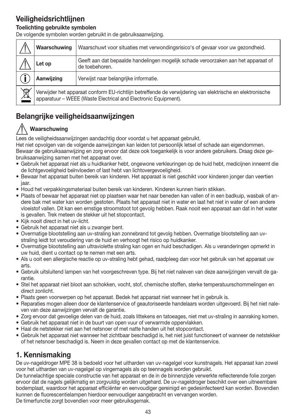 Veiligheidsrichtlijnen, Belangrijke veiligheidsaanwijzingen, Kennismaking | Beurer MPE 38 User Manual | Page 43 / 56