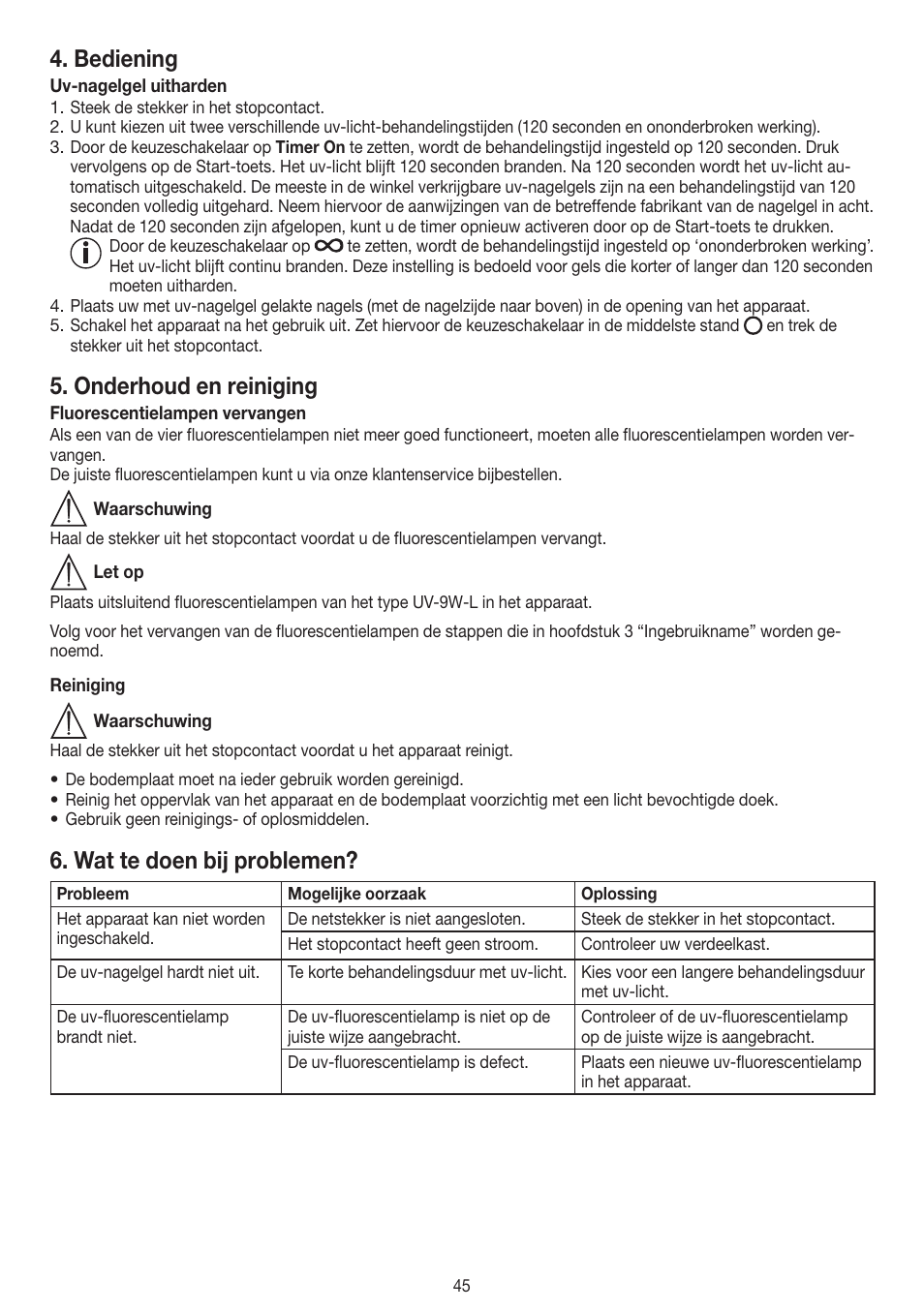 Bediening, Onderhoud en reiniging, Wat te doen bij problemen | Beurer MPE 38 User Manual | Page 45 / 56