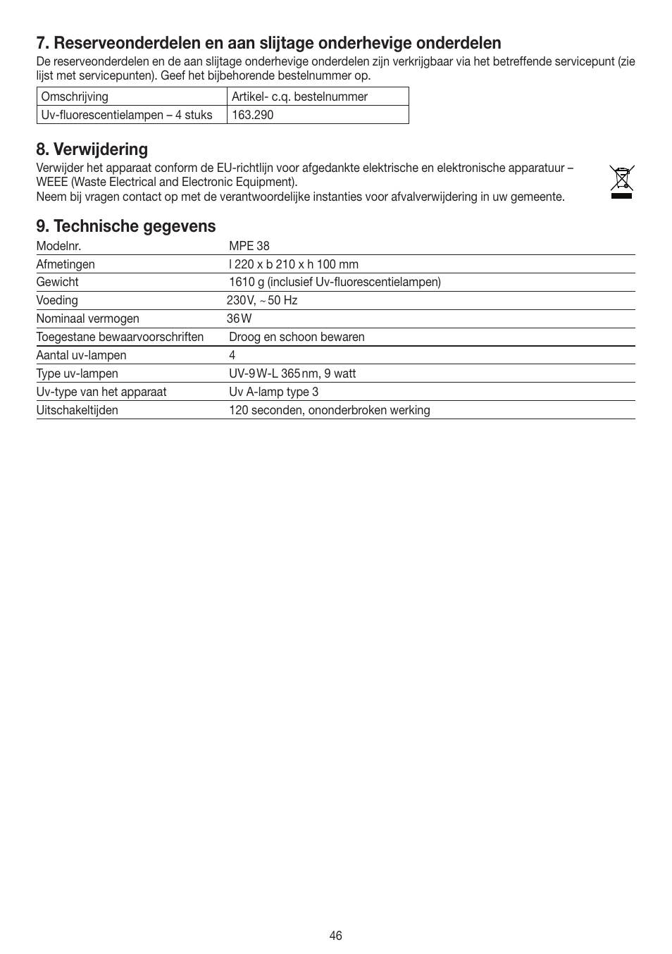 Verwijdering, Technische gegevens | Beurer MPE 38 User Manual | Page 46 / 56