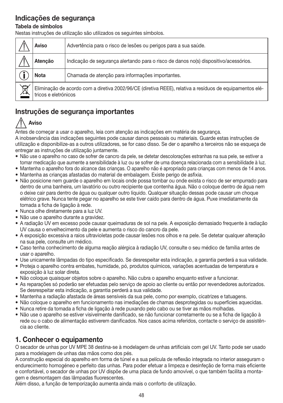 Indicações de segurança, Instruções de segurança importantes, Conhecer o equipamento | Beurer MPE 38 User Manual | Page 48 / 56