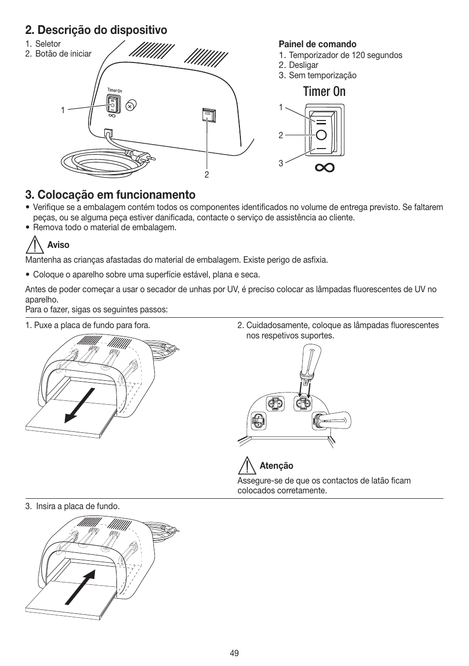 Timer on, Descrição do dispositivo, Colocação em funcionamento | Beurer MPE 38 User Manual | Page 49 / 56