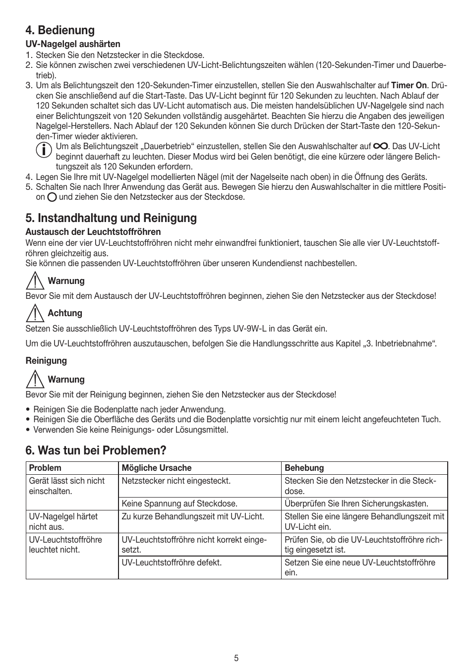 Bedienung, Instandhaltung und reinigung, Was tun bei problemen | Beurer MPE 38 User Manual | Page 5 / 56