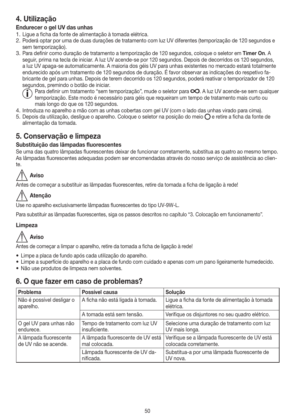 Utilização, Conservação e limpeza, O que fazer em caso de problemas | Beurer MPE 38 User Manual | Page 50 / 56