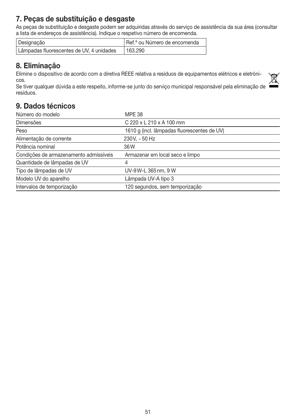 Peças de substituição e desgaste, Eliminação, Dados técnicos | Beurer MPE 38 User Manual | Page 51 / 56