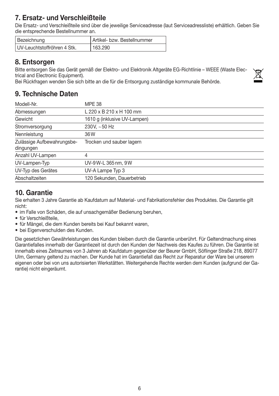 Ersatz- und verschleißteile, Entsorgen, Technische daten | Garantie | Beurer MPE 38 User Manual | Page 6 / 56