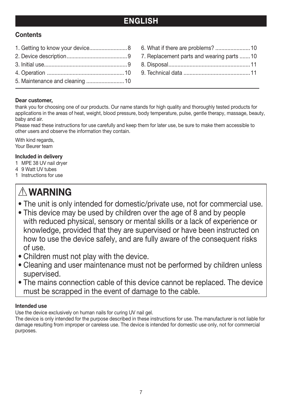 Warning, English | Beurer MPE 38 User Manual | Page 7 / 56