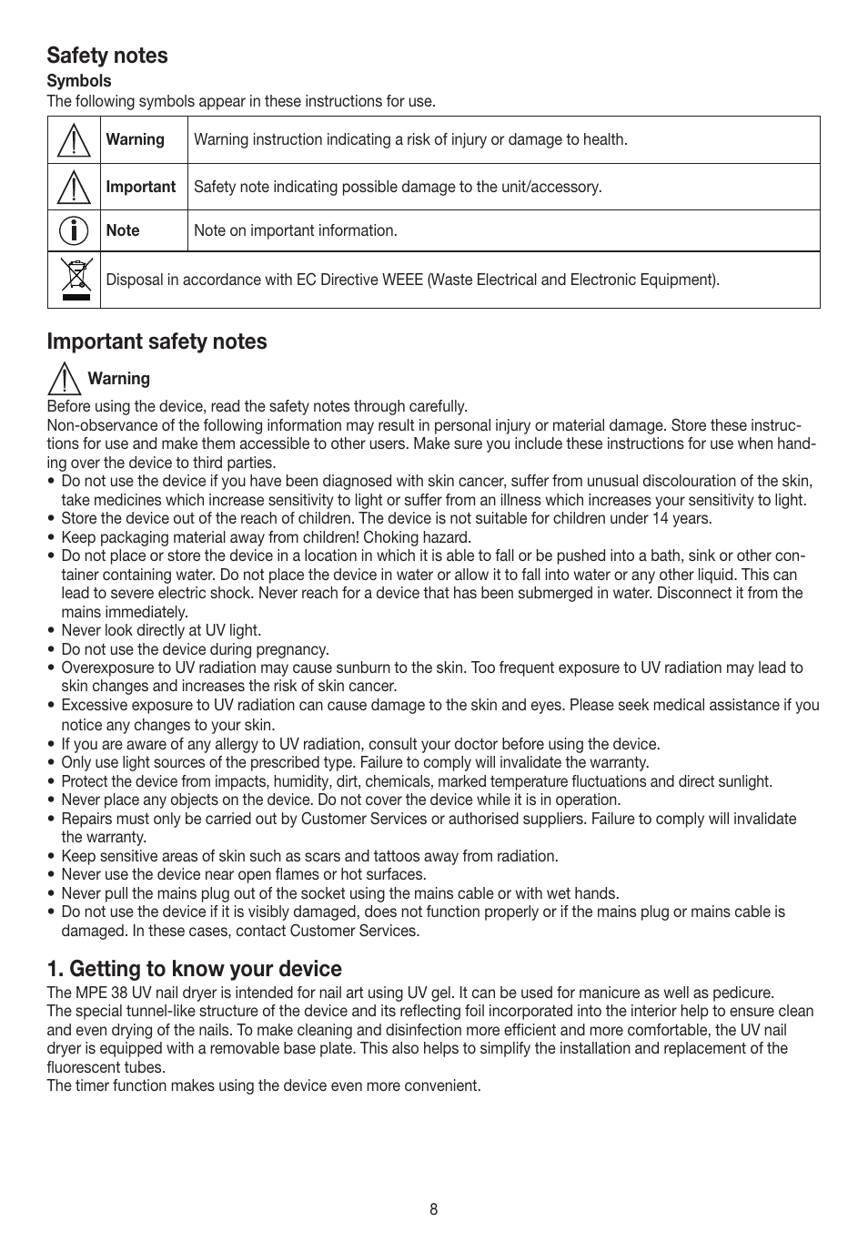 Getting to know your device | Beurer MPE 38 User Manual | Page 8 / 56