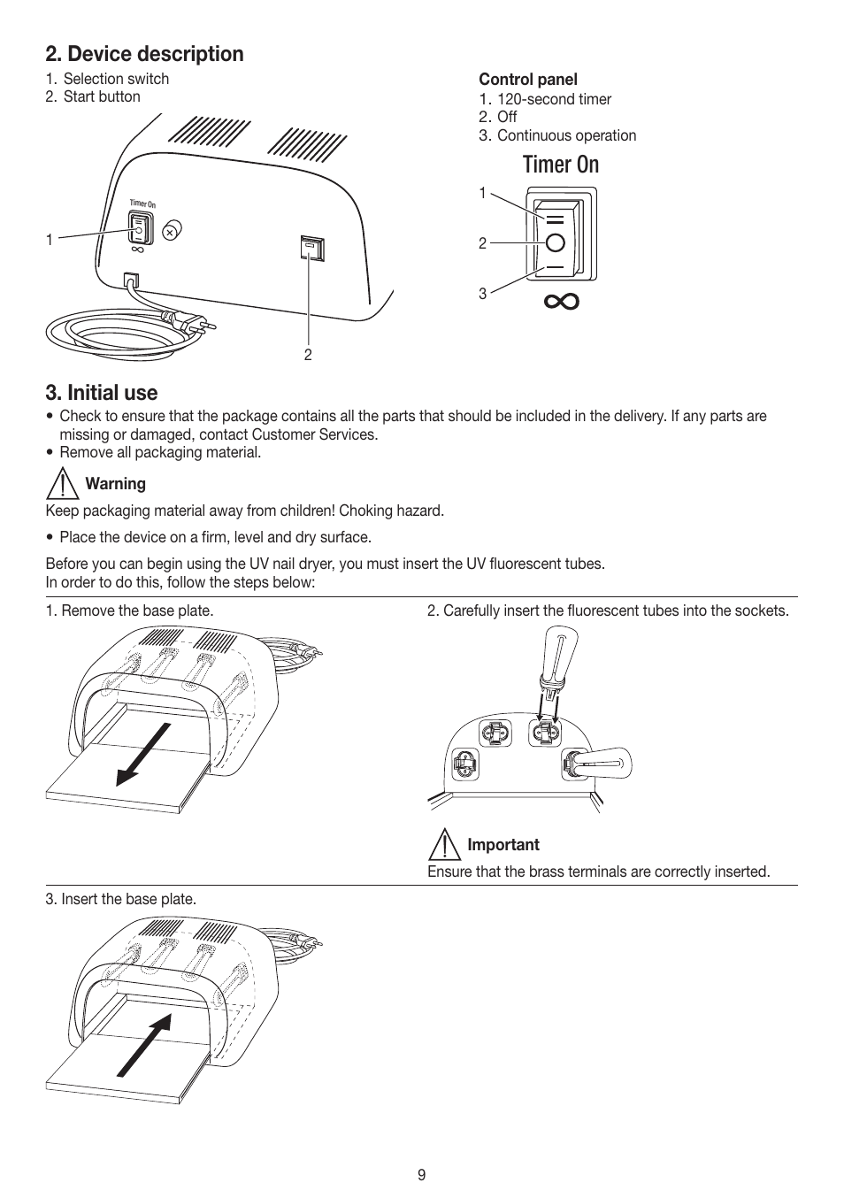 Timer on, Device description, Initial use | Beurer MPE 38 User Manual | Page 9 / 56