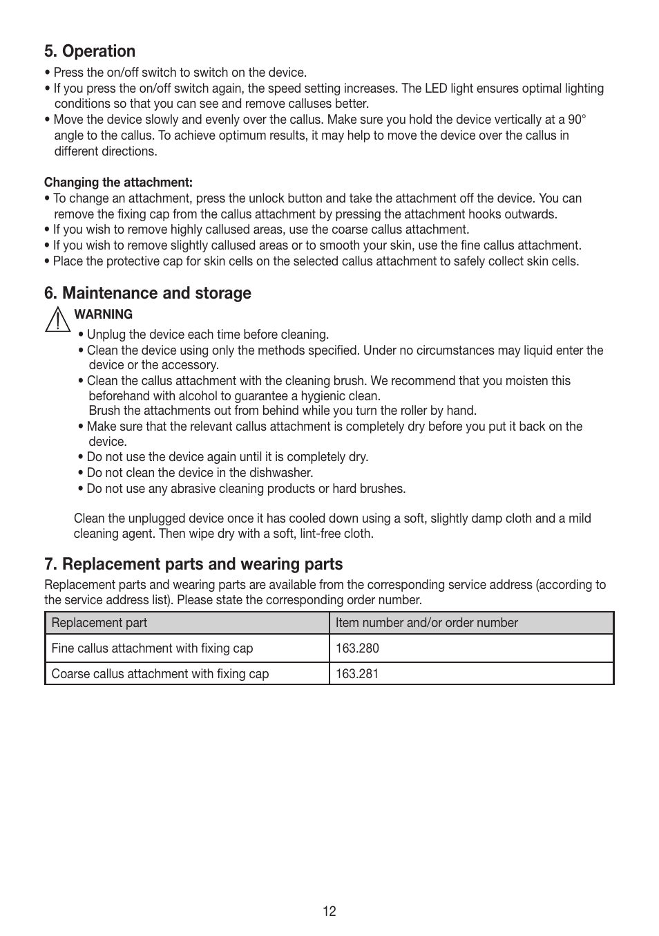 Operation, Maintenance and storage, Replacement parts and wearing parts | Beurer MPE 50 User Manual | Page 12 / 58