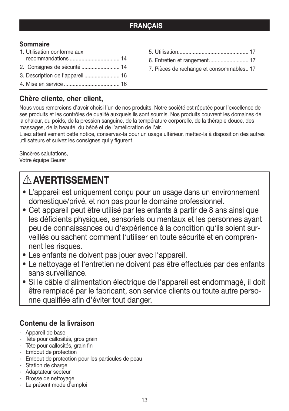 Avertissement | Beurer MPE 50 User Manual | Page 13 / 58