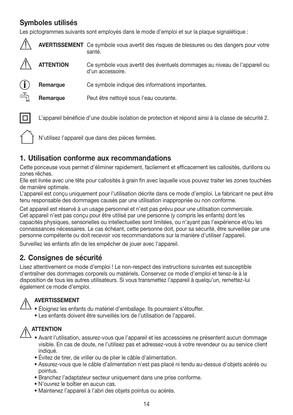 Symboles utilisés, Utilisation conforme aux recommandations, Consignes de sécurité | Beurer MPE 50 User Manual | Page 14 / 58