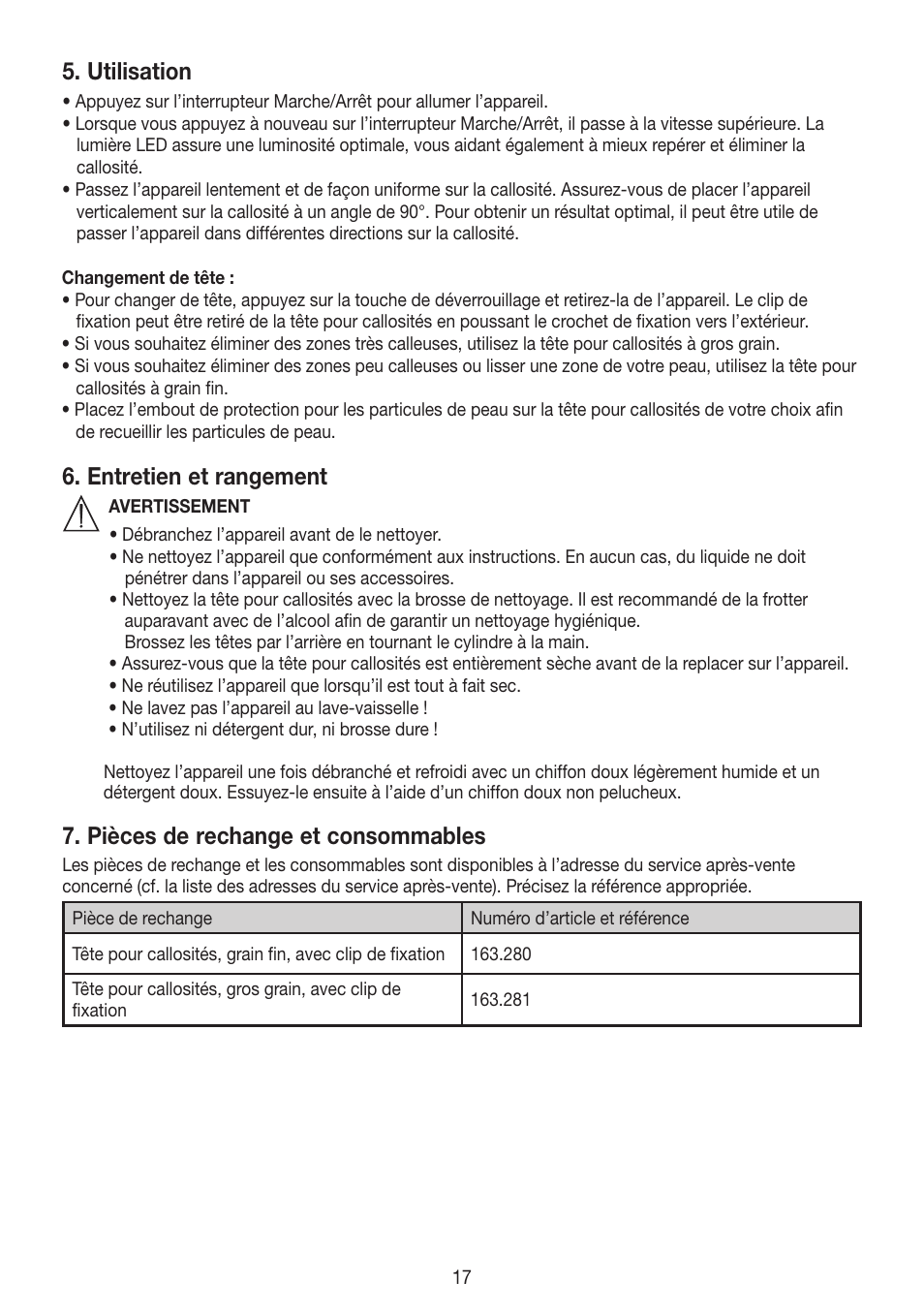 Utilisation, Entretien et rangement, Pièces de rechange et consommables | Beurer MPE 50 User Manual | Page 17 / 58