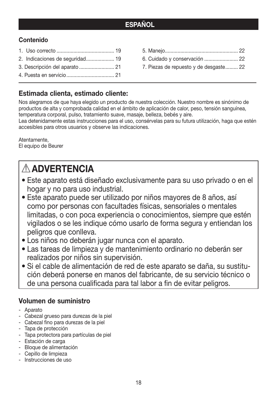 Advertencia | Beurer MPE 50 User Manual | Page 18 / 58