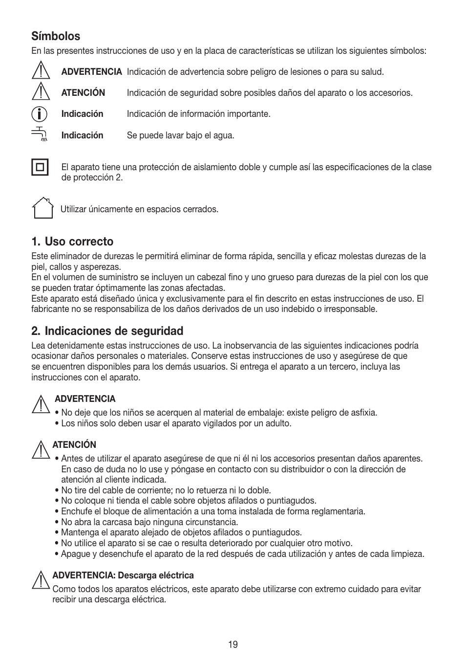 Símbolos, Uso correcto, Indicaciones de seguridad | Beurer MPE 50 User Manual | Page 19 / 58