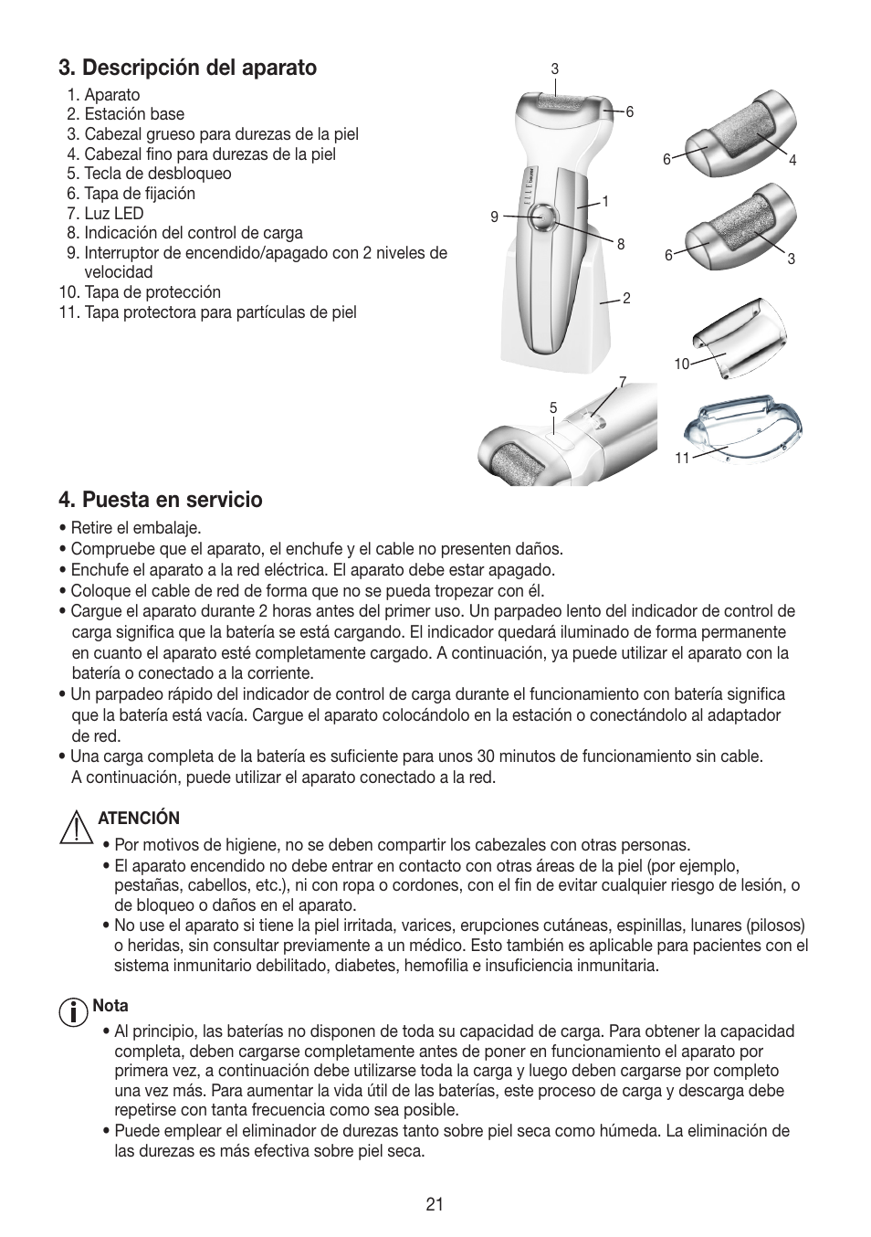 Descripción del aparato, Puesta en servicio | Beurer MPE 50 User Manual | Page 21 / 58