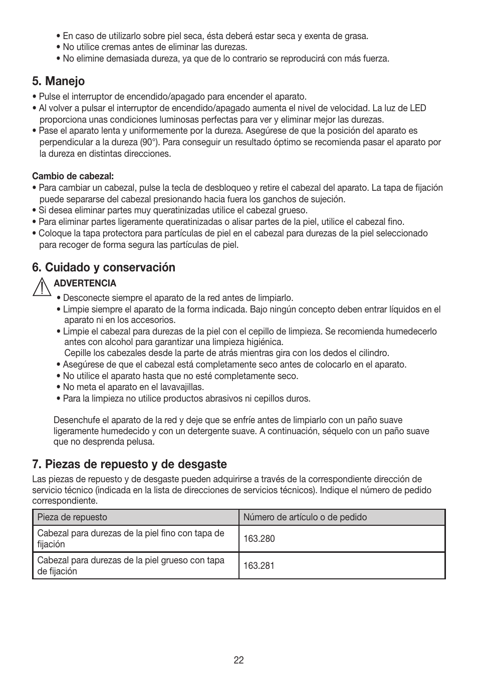 Manejo, Cuidado y conservación, Piezas de repuesto y de desgaste | Beurer MPE 50 User Manual | Page 22 / 58