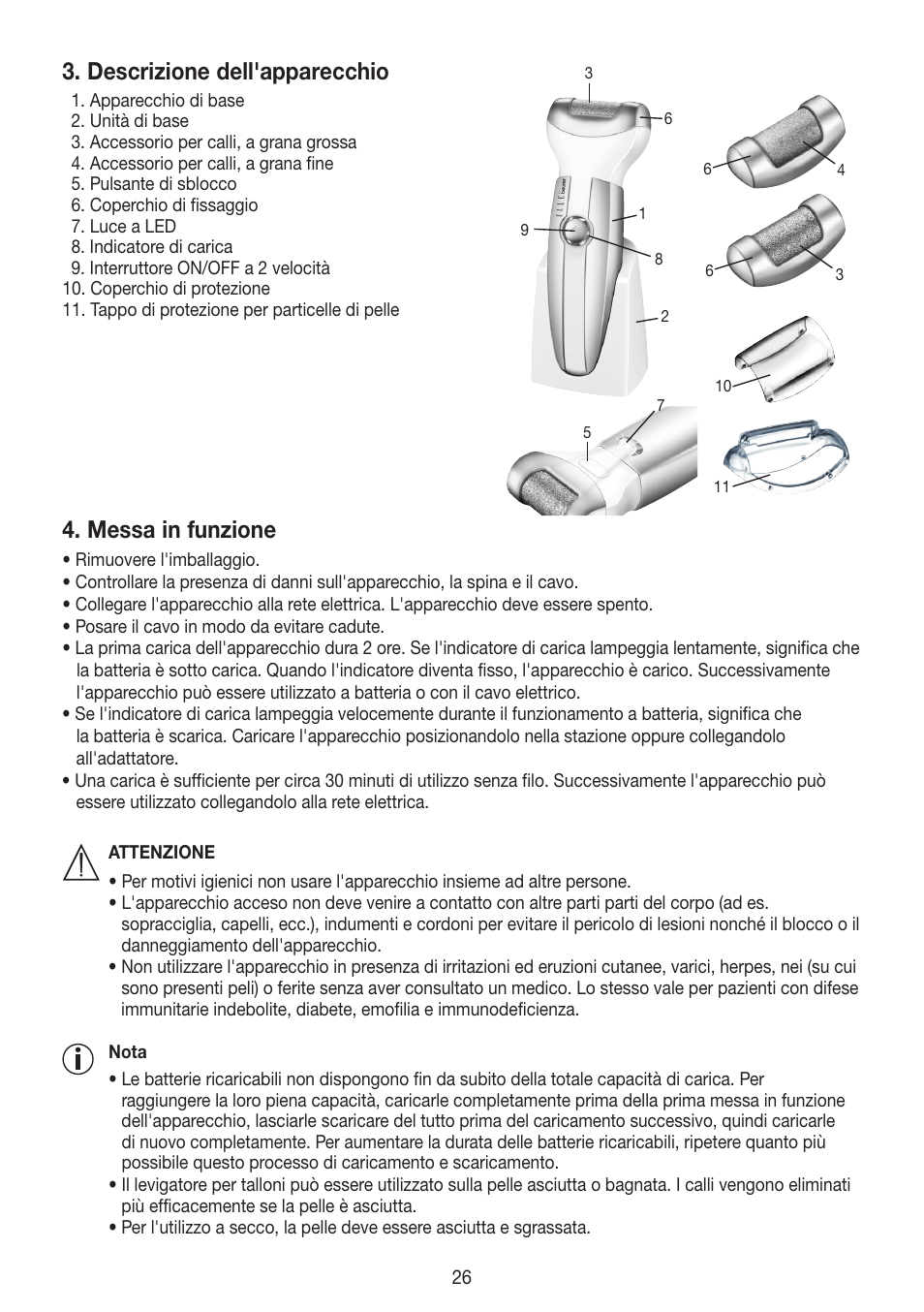 Descrizione dell'apparecchio, Messa in funzione | Beurer MPE 50 User Manual | Page 26 / 58