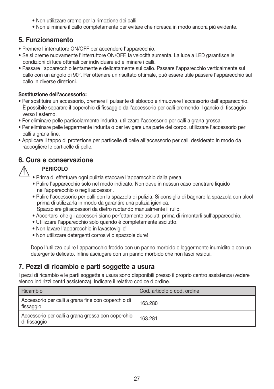 Funzionamento, Cura e conservazione, Pezzi di ricambio e parti soggette a usura | Beurer MPE 50 User Manual | Page 27 / 58