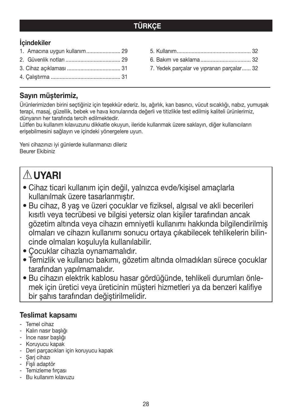 Uyari | Beurer MPE 50 User Manual | Page 28 / 58