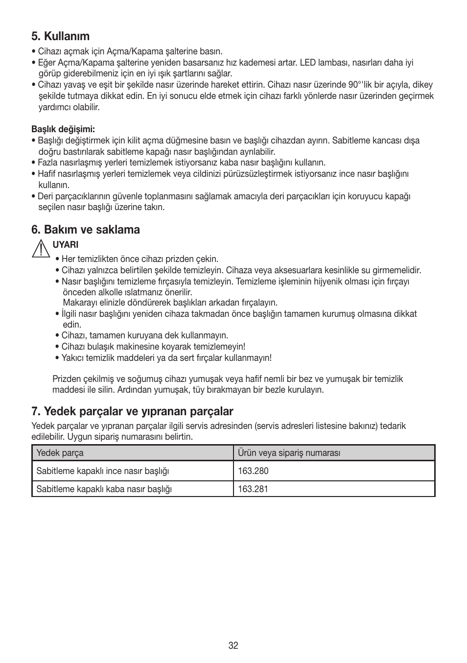 Kullanım, Bakım ve saklama, Yedek parçalar ve yıpranan parçalar | Beurer MPE 50 User Manual | Page 32 / 58