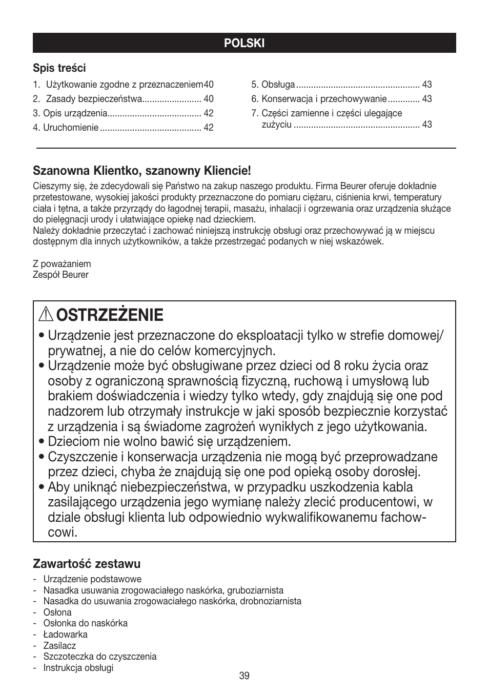 Ostrzeżenie | Beurer MPE 50 User Manual | Page 39 / 58