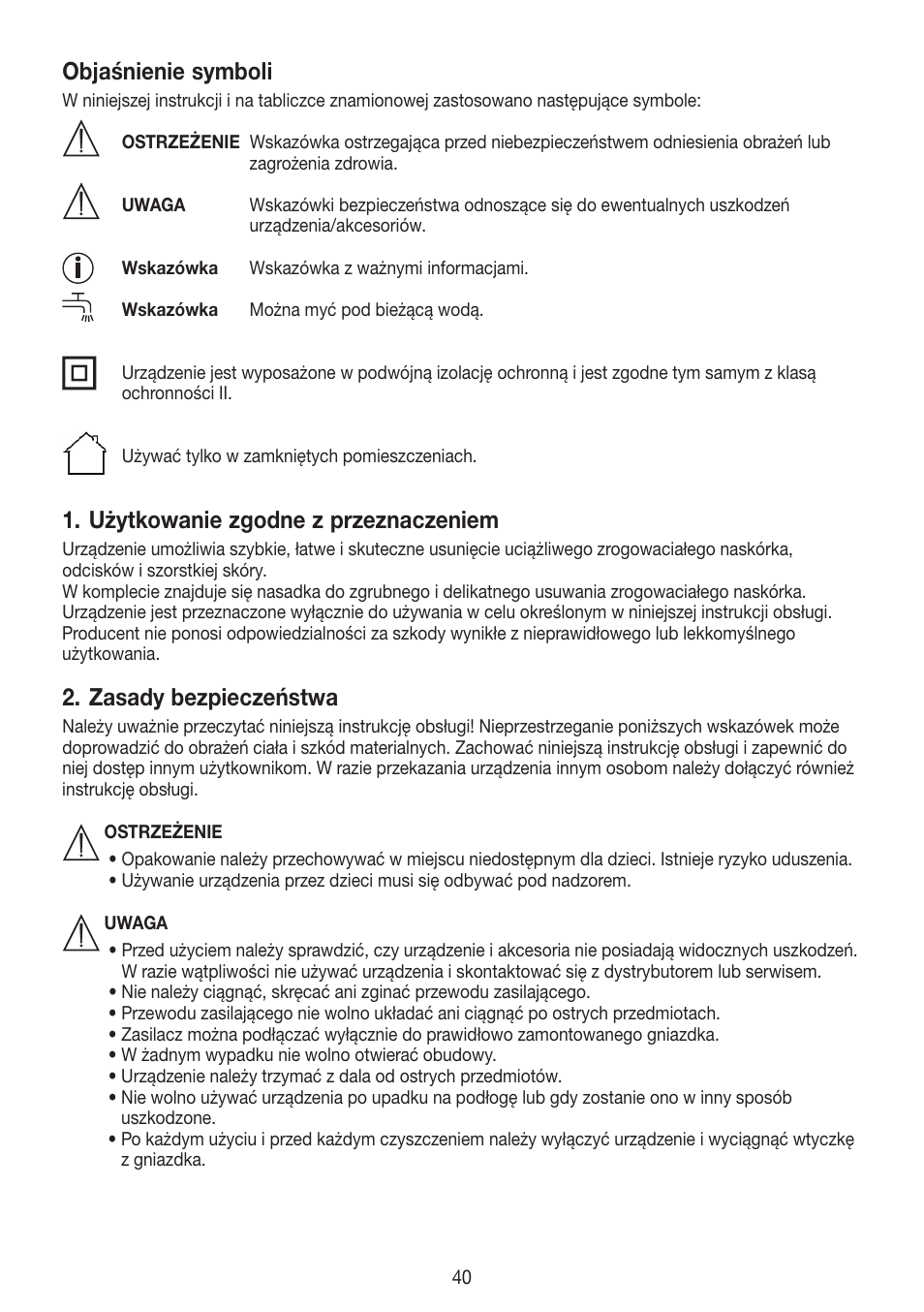 Objaśnienie symboli, Użytkowanie zgodne z przeznaczeniem, Zasady bezpieczeństwa | Beurer MPE 50 User Manual | Page 40 / 58