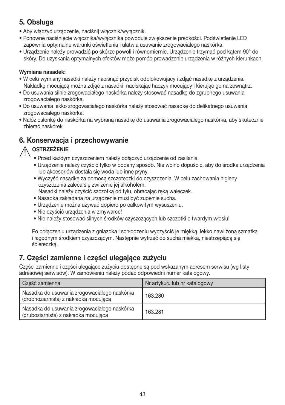 Obsługa, Konserwacja i przechowywanie, Części zamienne i części ulegające zużyciu | Beurer MPE 50 User Manual | Page 43 / 58