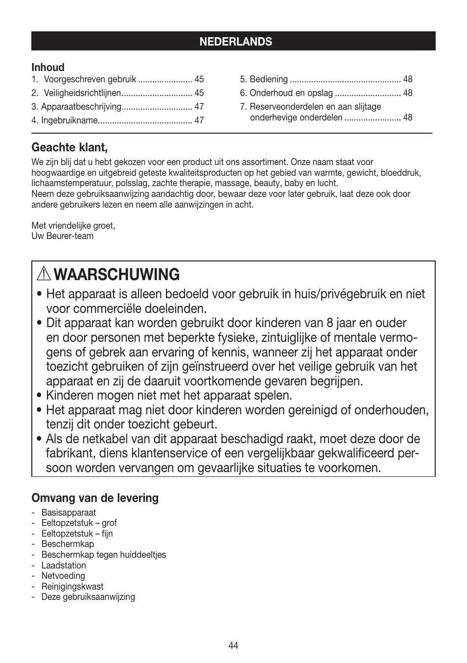 Waarschuwing | Beurer MPE 50 User Manual | Page 44 / 58