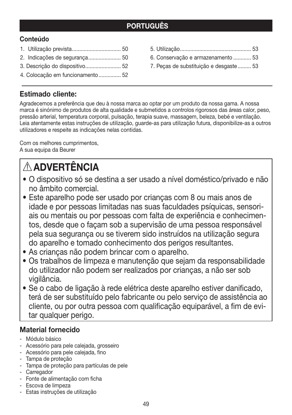 Advertência | Beurer MPE 50 User Manual | Page 49 / 58