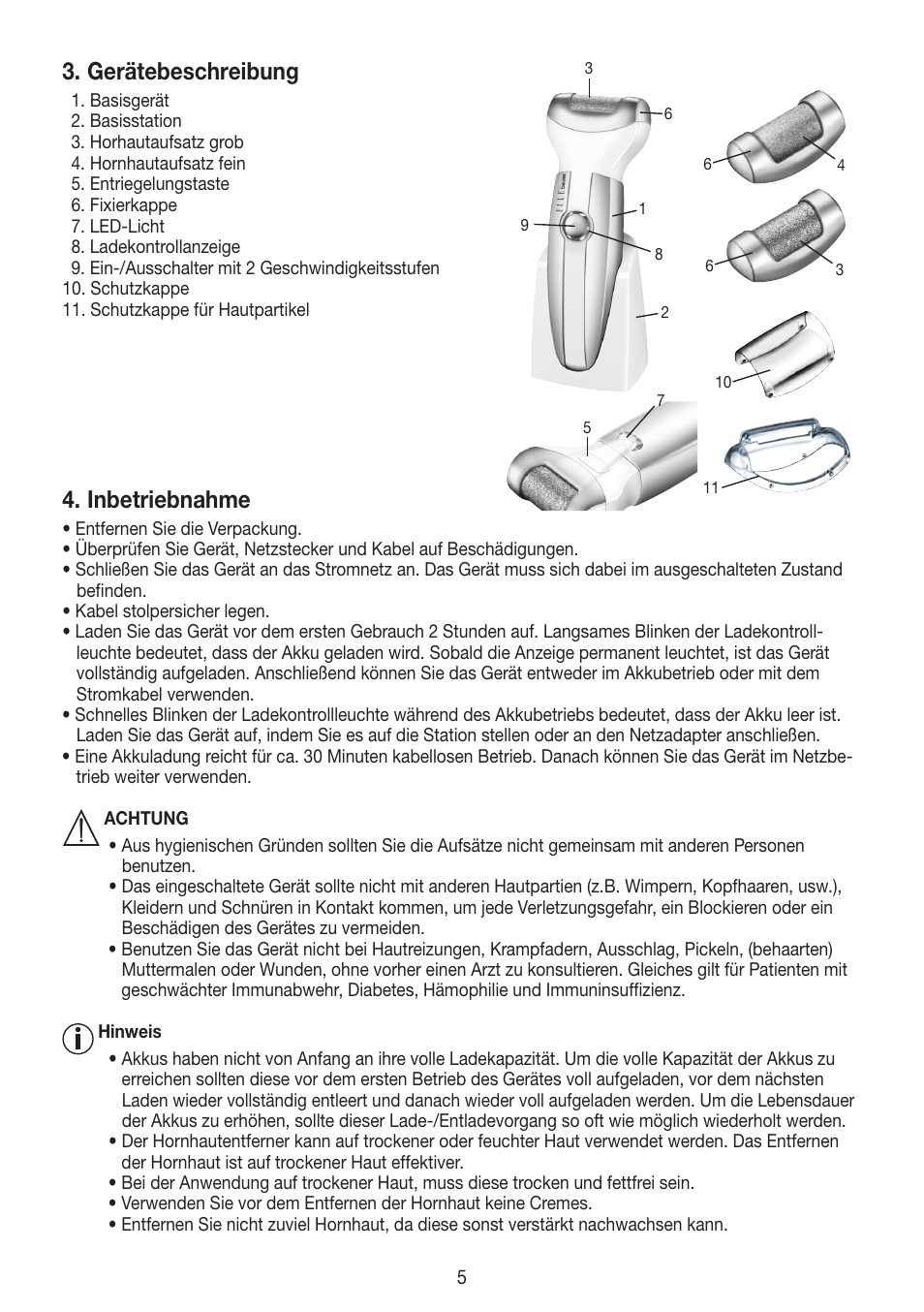 Gerätebeschreibung, Inbetriebnahme | Beurer MPE 50 User Manual | Page 5 / 58