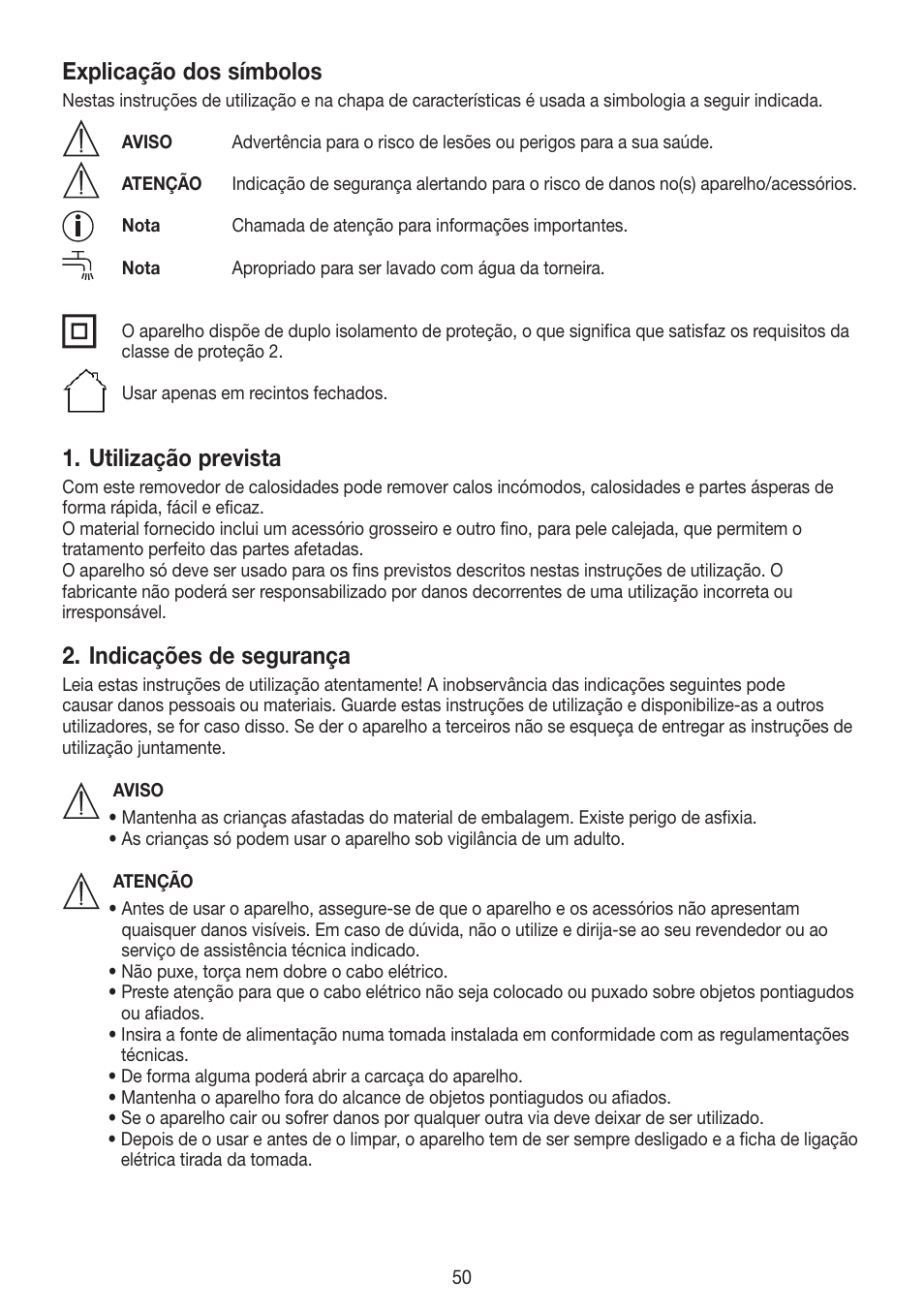 Explicação dos símbolos, Utilização prevista, Indicações de segurança | Beurer MPE 50 User Manual | Page 50 / 58