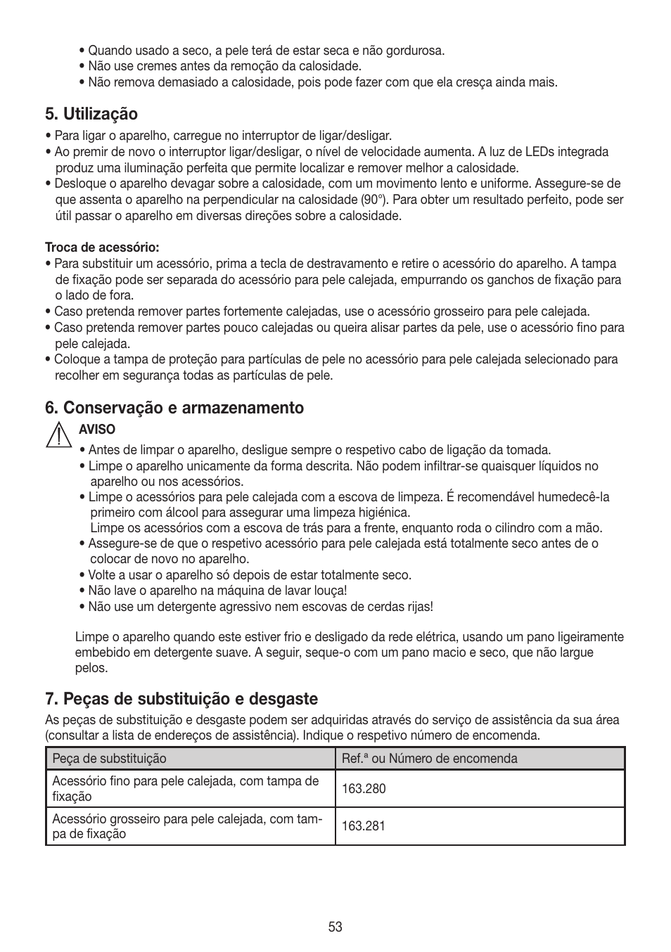 Utilização, Conservação e armazenamento, Peças de substituição e desgaste | Beurer MPE 50 User Manual | Page 53 / 58