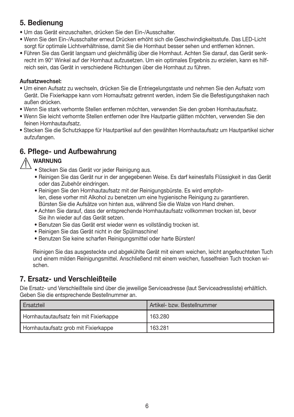 Bedienung, Pflege- und aufbewahrung, Ersatz- und verschleißteile | Beurer MPE 50 User Manual | Page 6 / 58