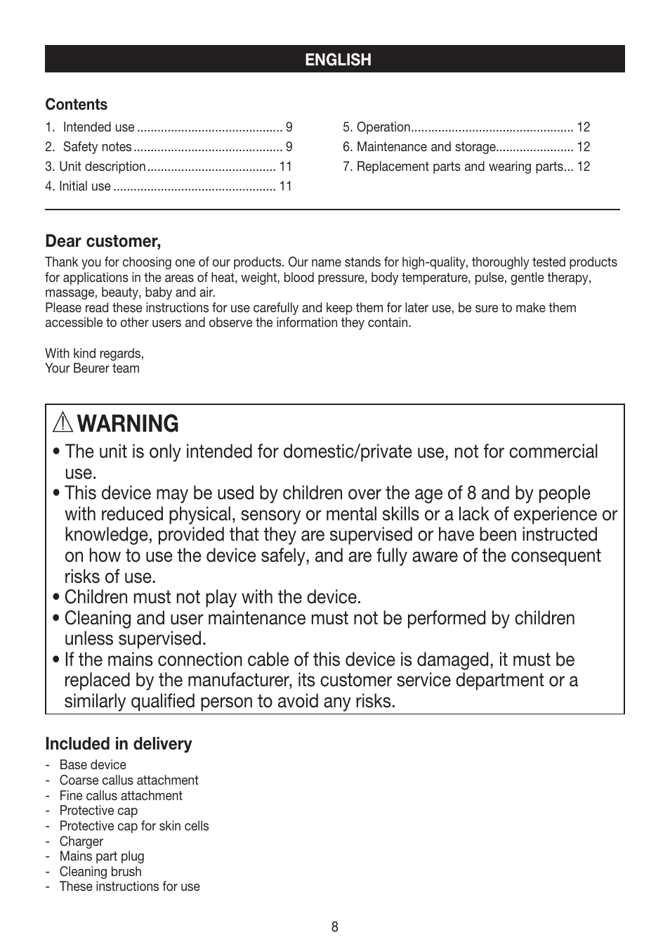 Warning | Beurer MPE 50 User Manual | Page 8 / 58
