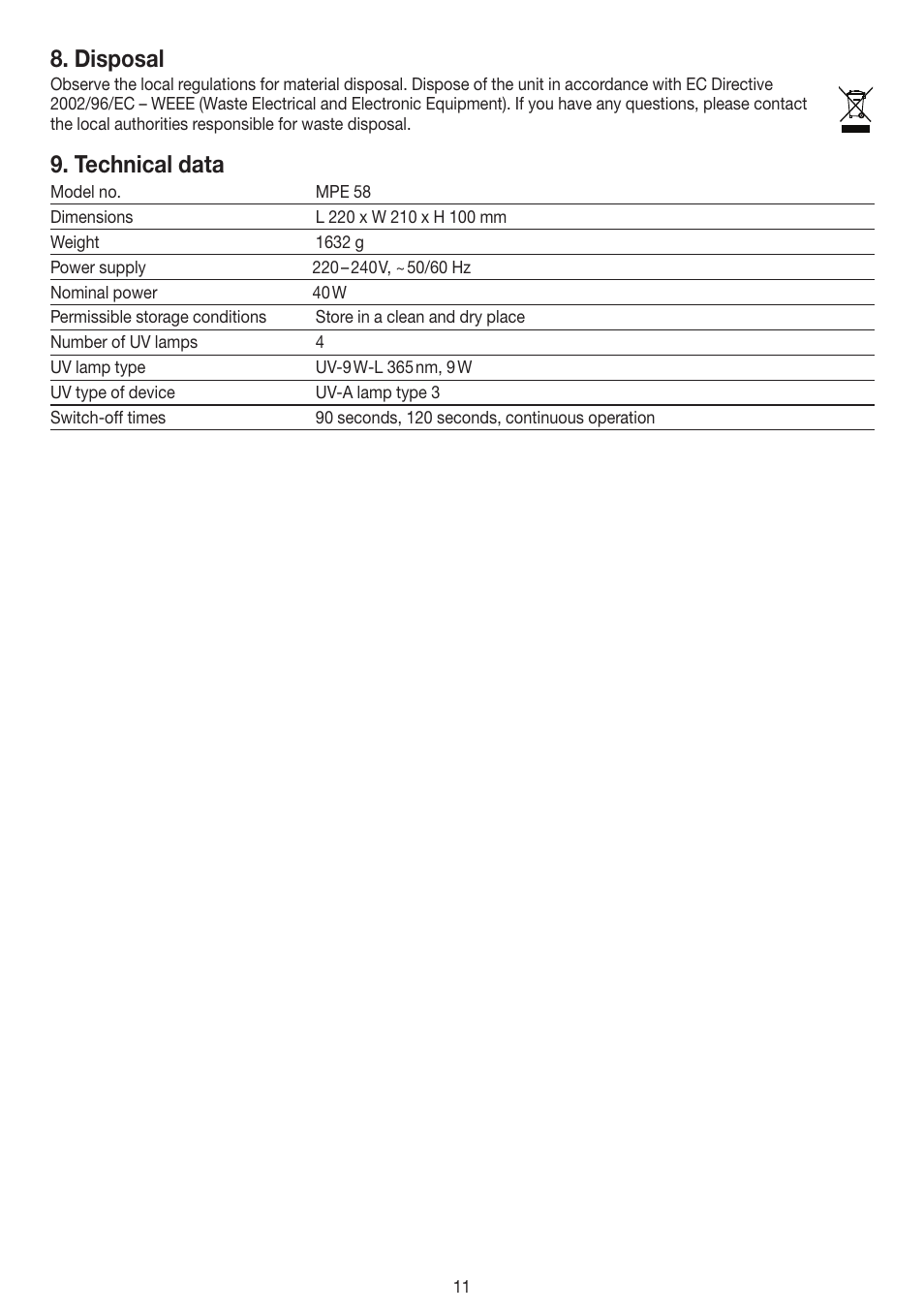 Disposal, Technical data | Beurer MPE 58 User Manual | Page 11 / 56