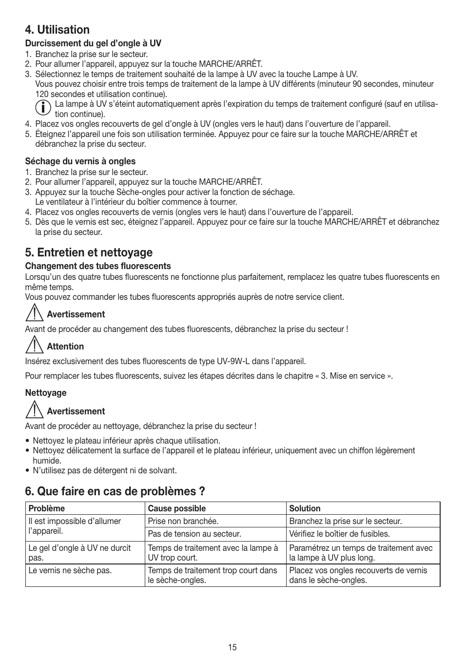 Utilisation, Entretien et nettoyage, Que faire en cas de problèmes | Beurer MPE 58 User Manual | Page 15 / 56