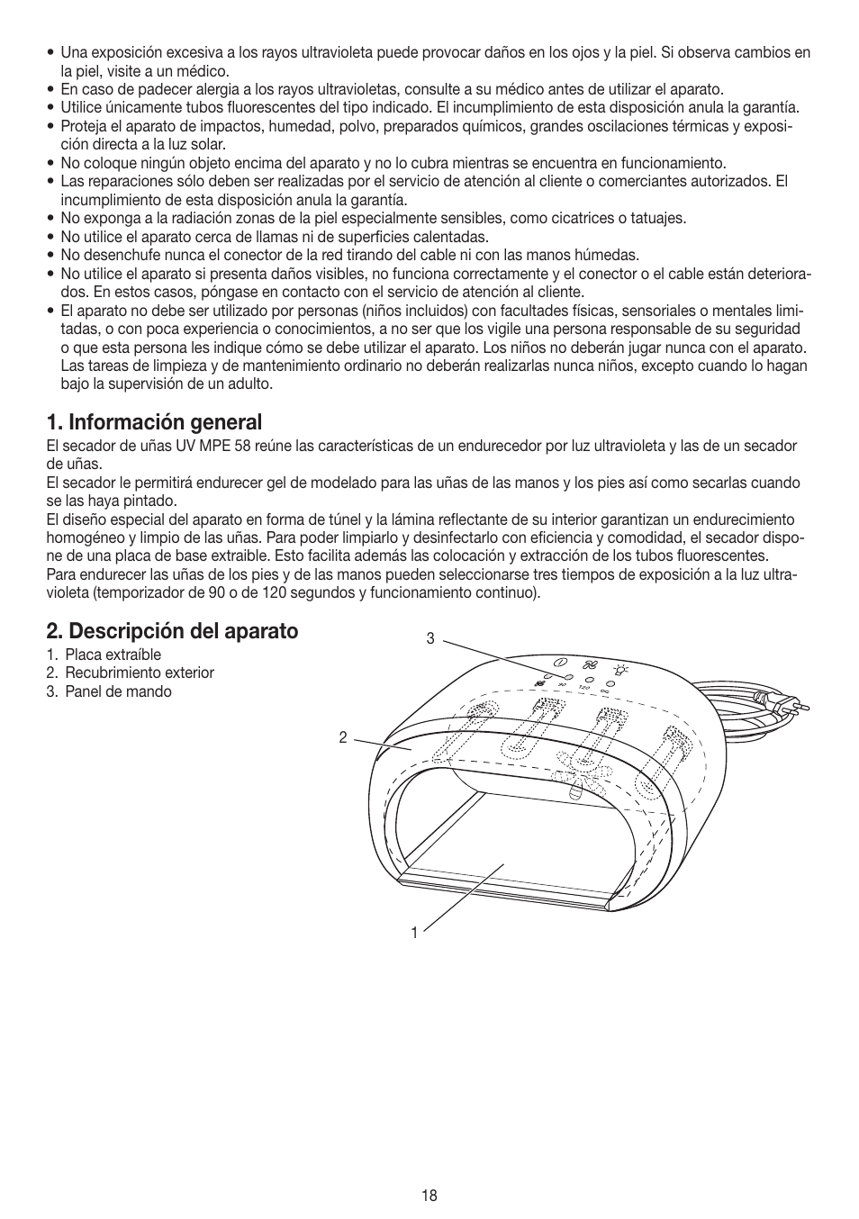 Información general, Descripción del aparato | Beurer MPE 58 User Manual | Page 18 / 56