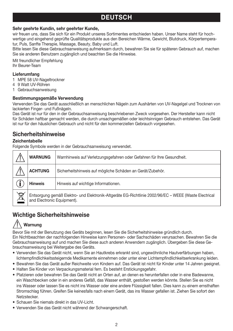 Deutsch, Sicherheitshinweise, Wichtige sicherheitshinweise | Beurer MPE 58 User Manual | Page 2 / 56