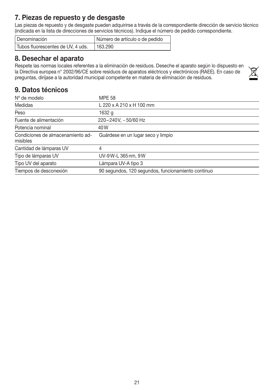 Piezas de repuesto y de desgaste, Desechar el aparato, Datos técnicos | Beurer MPE 58 User Manual | Page 21 / 56