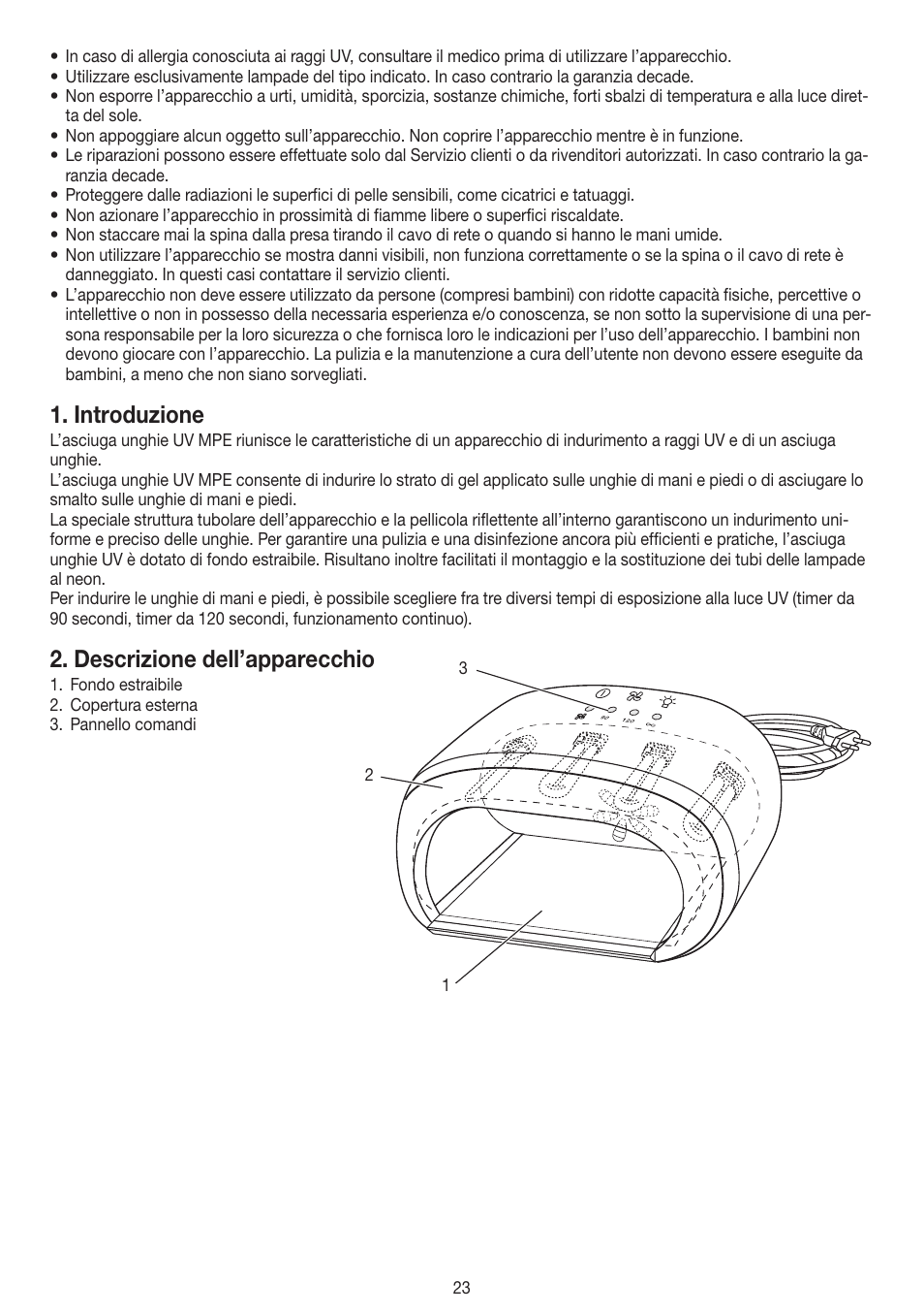 Introduzione, Descrizione dell’apparecchio | Beurer MPE 58 User Manual | Page 23 / 56