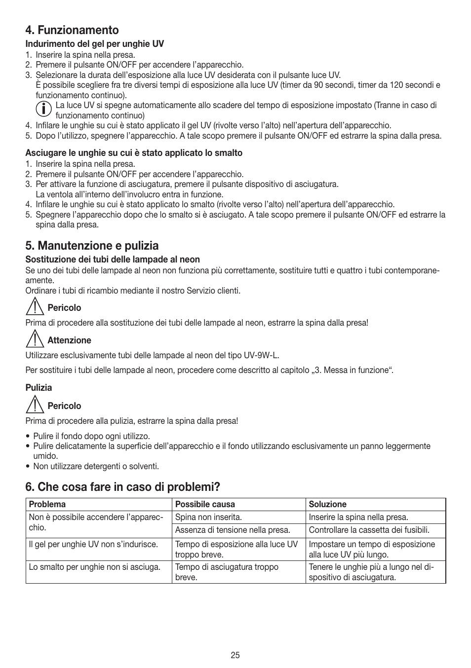 Funzionamento, Manutenzione e pulizia, Che cosa fare in caso di problemi | Beurer MPE 58 User Manual | Page 25 / 56