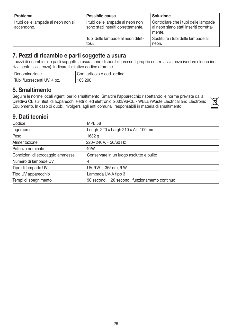 Pezzi di ricambio e parti soggette a usura, Smaltimento, Dati tecnici | Beurer MPE 58 User Manual | Page 26 / 56