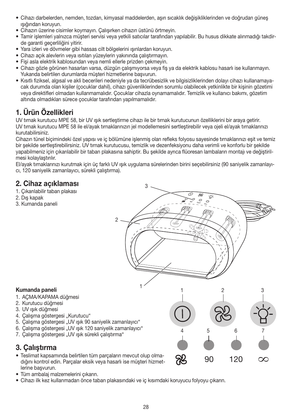 Ürün özellikleri, Cihaz açıklaması, Çalıştırma | Beurer MPE 58 User Manual | Page 28 / 56