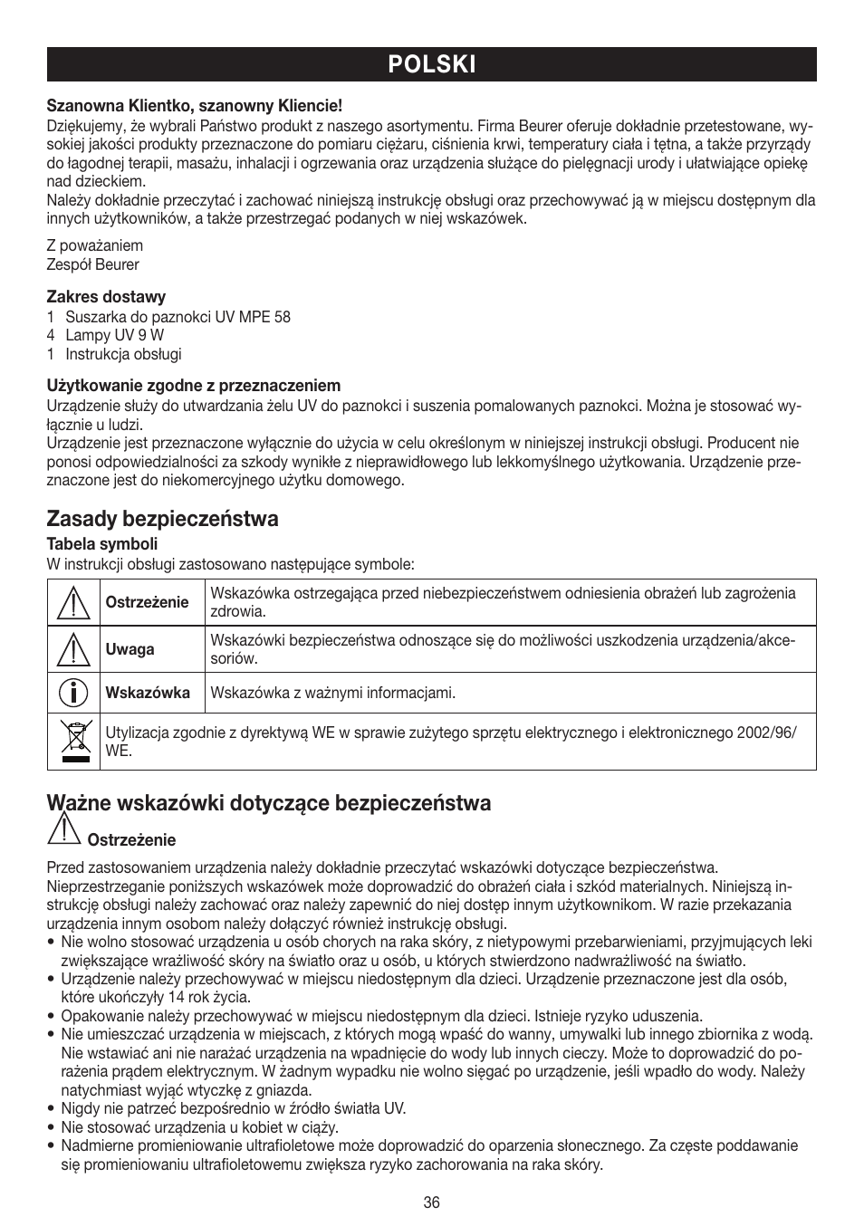 Polski, Zasady bezpieczeństwa, Ważne wskazówki dotyczące bezpieczeństwa | Beurer MPE 58 User Manual | Page 36 / 56