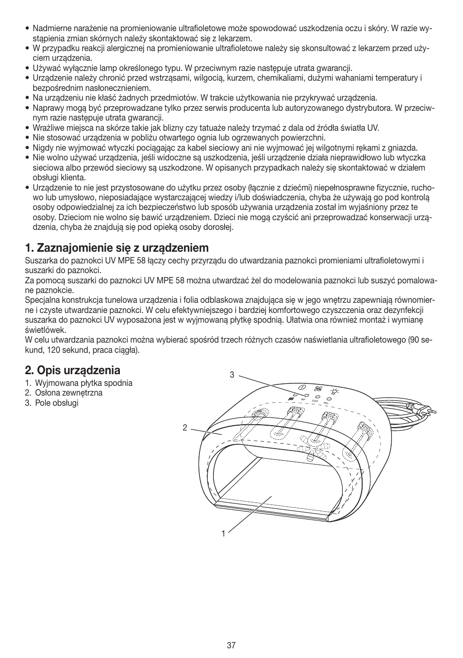 Zaznajomienie się z urządzeniem, Opis urządzenia | Beurer MPE 58 User Manual | Page 37 / 56