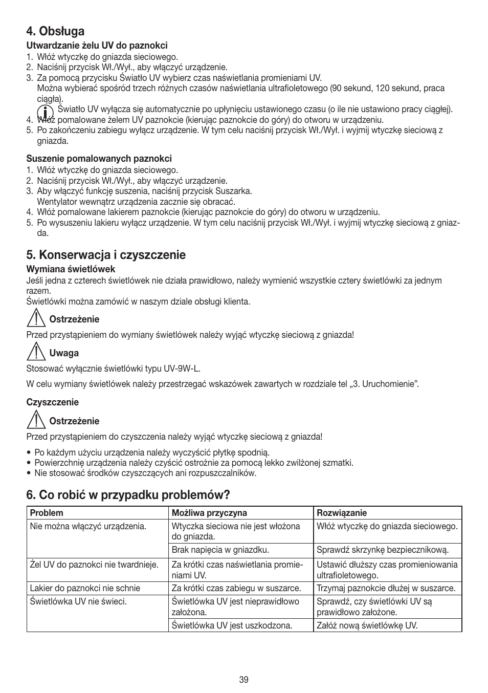 Obsługa, Konserwacja i czyszczenie, Co robić w przypadku problemów | Beurer MPE 58 User Manual | Page 39 / 56