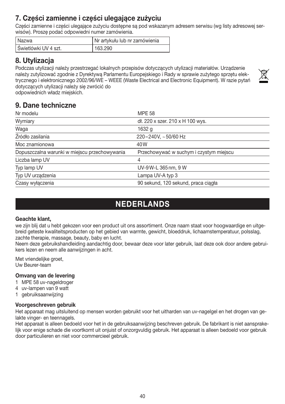 Nederlands, Części zamienne i części ulegające zużyciu, Utylizacja | Dane techniczne | Beurer MPE 58 User Manual | Page 40 / 56