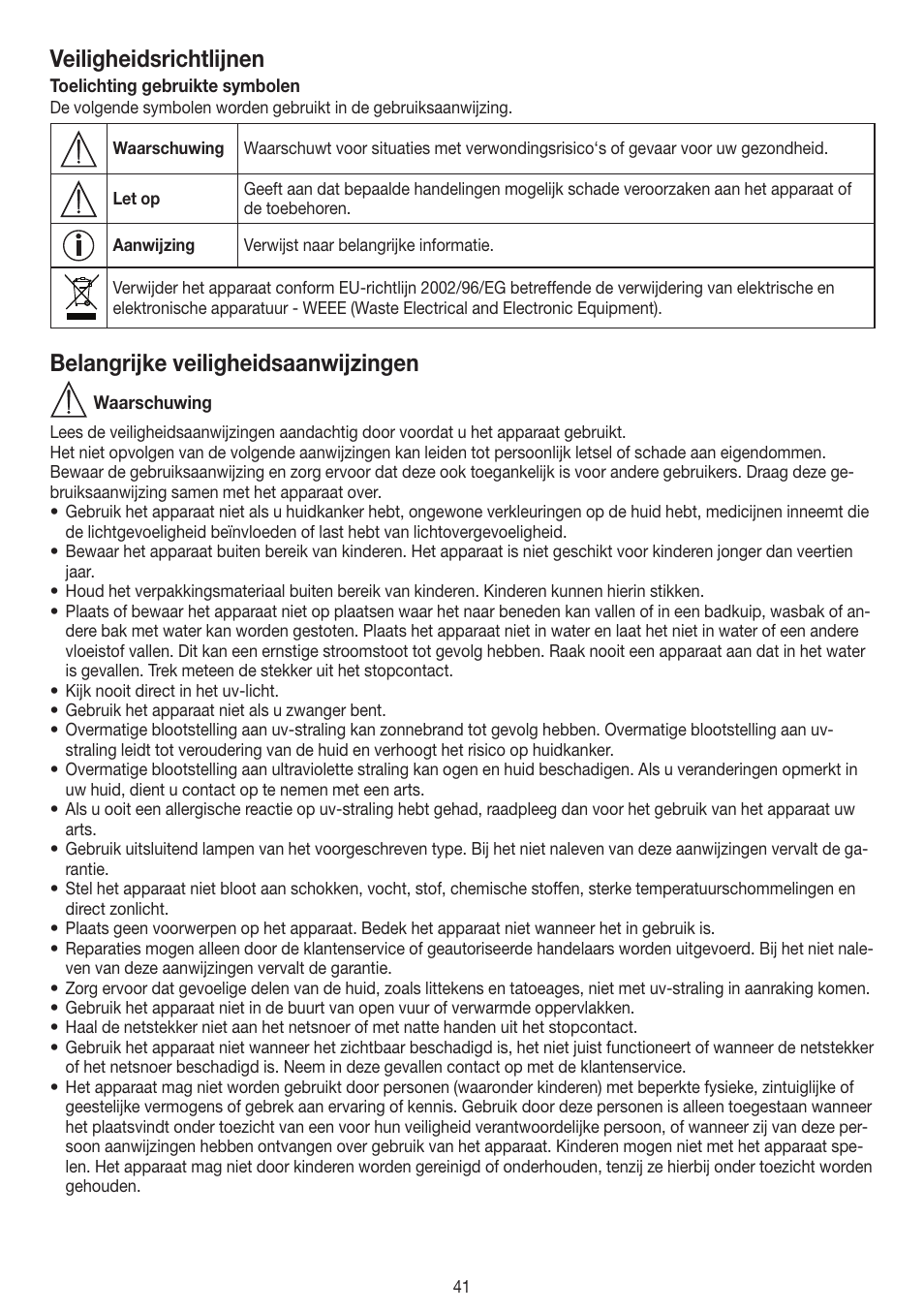 Veiligheidsrichtlijnen, Belangrijke veiligheidsaanwijzingen | Beurer MPE 58 User Manual | Page 41 / 56