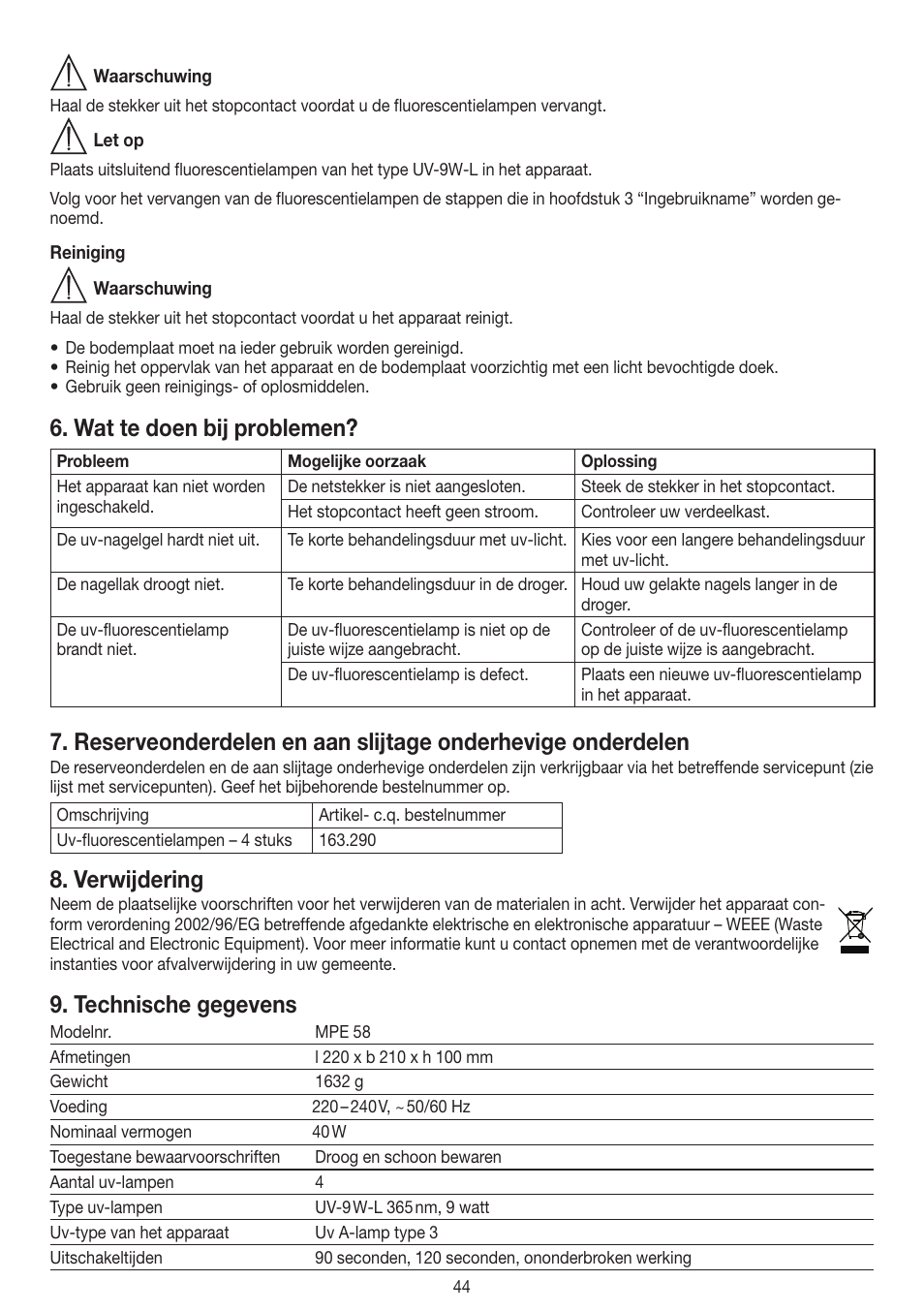 Wat te doen bij problemen, Verwijdering, Technische gegevens | Beurer MPE 58 User Manual | Page 44 / 56